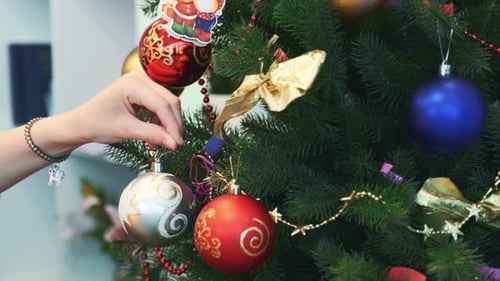 Close Up Hand of Woman Hanging Toys on Christmas Tree