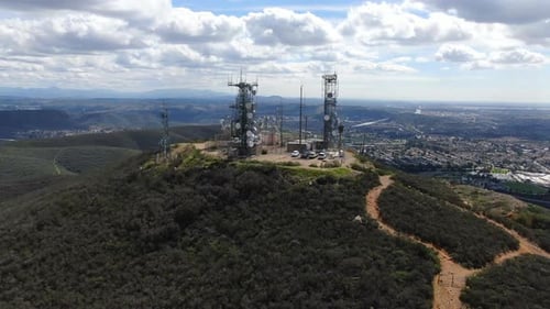 Aerial View of Telecommunication Antennas on the Top of Mountain
