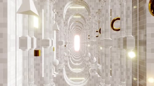 Elegant White Architectural Tunnel with Abstract Gold Geometric Shapes
