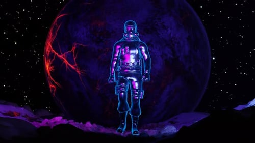 Space Explorer with Neon Glow on Abstract Alien Planet