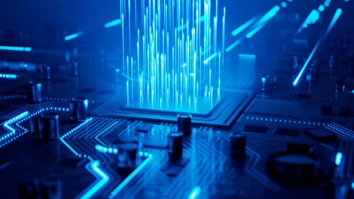 Datenfluss in einem Motherboard im PC. Prozessor zwischen Schaltungen und Elektronik.
CPU