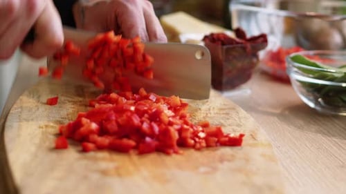 Dicing Red Bell Peppers with a Large Knife