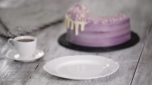 Placing Delicious Slice of Blueberry Cake on Plate