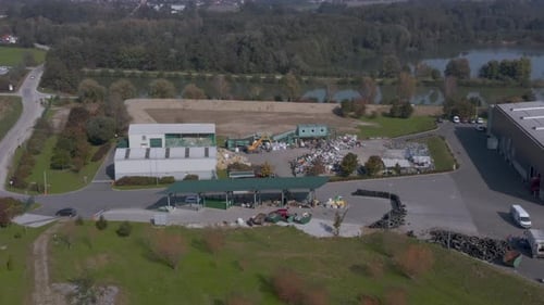 Panning aerial view of a waste and recyling depot in the outskirt of Cresnjevec, Slovenia