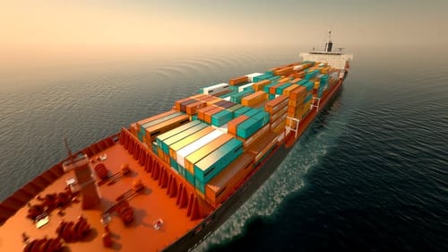 Aerial footage of a cargo ship transportation on the open sea or ocean view. HD