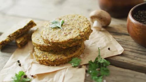 Vegetarian Burgers Stacked on Rustic Wooden Table
