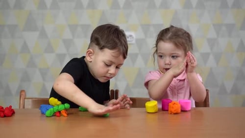 Children Playing with Colorful Plasticine at Table