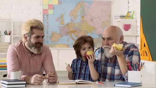 Private School Kids. Mans Family. Grandfather Father and Grandson Schooling at Home. Back To School