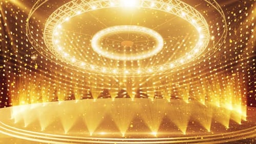 Golden Stage Background with Glittering Particles and Spotlights