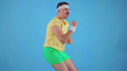 Mustached Man Doing High Knees Exercise Retro Style