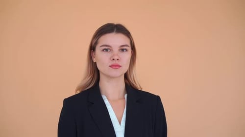 Young Caucasian Business Woman 20 Years Dressed Black Jacket Standing Studio Isolated Beige Color