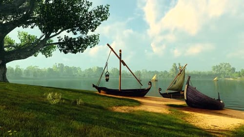 Ancient Boats Floating on a Serene River Landscape