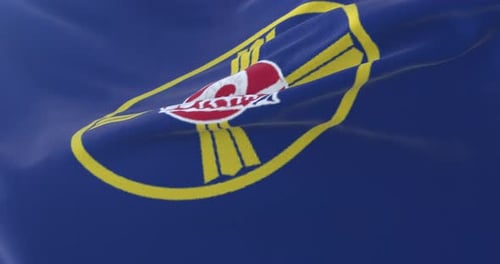 Realistic Blue Flag Waving with Gold Emblem