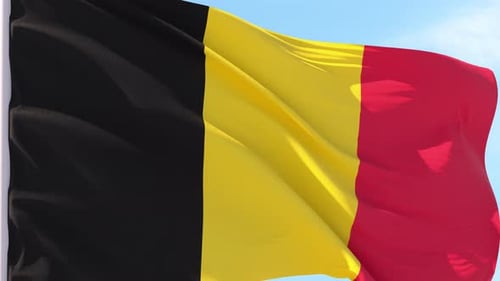 Realistic Belgian Flag Waving in Wind Against Blue Sky