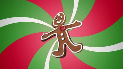 Animated Gingerbread Man on Swirling Peppermint Candy Background