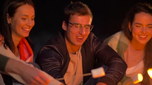 Friends Roasting Marshmallow on Fire at Night Camp
