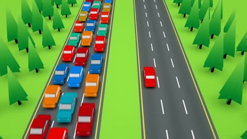 Car traveling in the empty side of a highway with the traffic on other side.