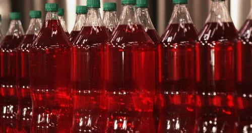 Bottles Filled with Red Liquid Moving on Conveyor