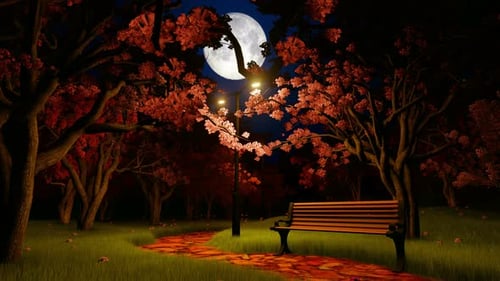 Romantic Moonlit Park with Glowing Cherry Blossom Trees