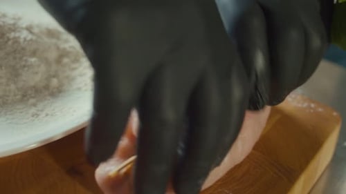 Preparing Meat Dish, Coating in Flour