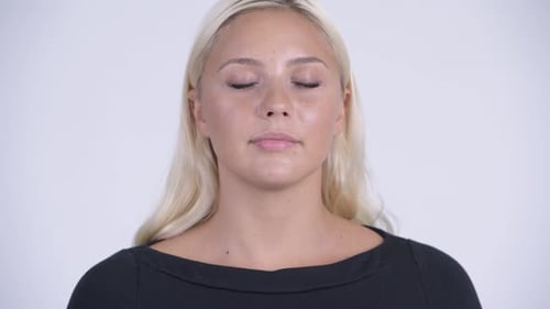 Blonde Woman Smiling with Eyes Closed and Open