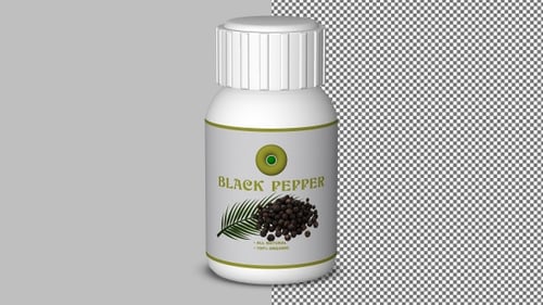 Black pepper in white bottle rotates cleanly on clear background, versatile for food animations
