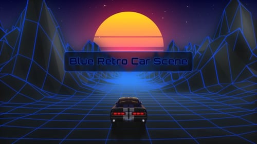 Blue Retro Background Looping Scene, 80s retro background with driving car