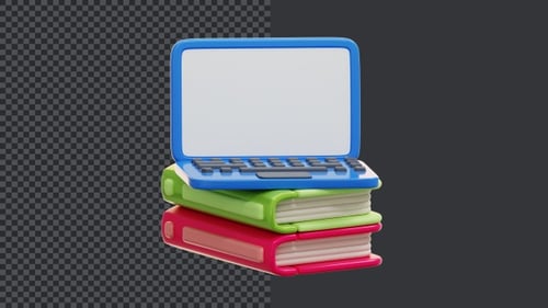 Animated 3D Stack of Books and Laptop for Education