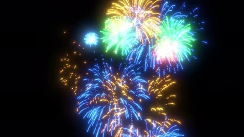 Bright Neon Fireworks Explosions on Black Background