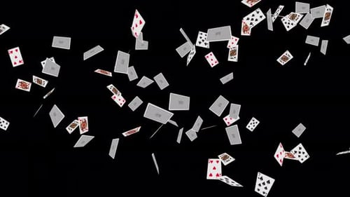 4K 3D Falling poker cards aces only in a loop with depth of field. Playing cards falling Alpha