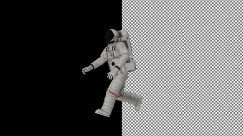 Astronaut runs in space from right to left. Alpha Channel