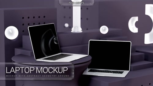 Maquete de laptop com geometria abstrata em torno de 01