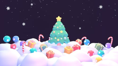 Animated 3D Christmas Tree with Gifts and Falling Snow Loop