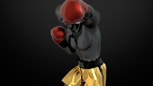 3D Animated Boxer Training With Red Gloves And Gold Shorts