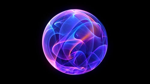 Abstract digital sphere with glowing neon waves and dynamic energy motion. Purple and blue gradient