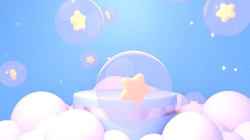 Dreamy Pastel Podium Stage with Floating Stars and Bubbles