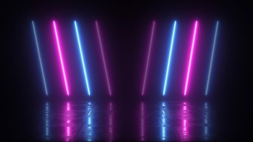 Bright futuristic neon background of glowing neon rays. Pink and blue neon lines with reflections