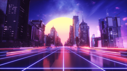 Futuristic City With Endless Road At Sunset Time Synth Wave Background Loop