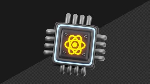 Animated 3D Computer Chip with Glowing Atom Symbol