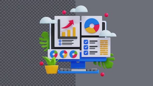 Modern 3D Animated Business Infographics on Computer Monitor