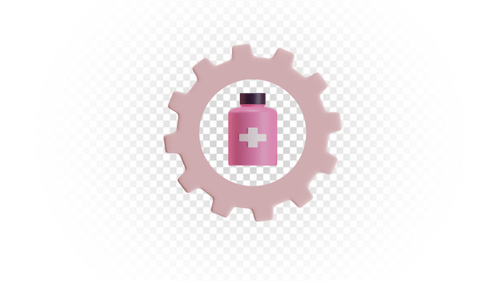 3D Illustration of Pink Medicine Bottle with Gear Representing Healthcare Management and Medical Ser