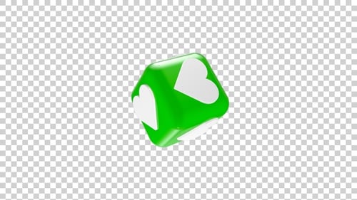 Rotating 3D Glossy Green Cube with Heart Icons