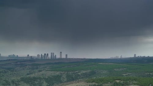 8K Torrential Rain On City Skyscrapers