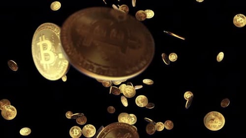 Goldene 3D-Münzen mit einem BTC-Bitcoin-Symbol, das auf den Green Screen Loop-Animationshintergrund regnet.