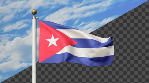 Realistic 3D Cuban Flag Waving on Flagpole with Alpha Channel