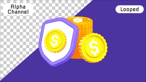 3D Asset Protection Shield and Coins Loop Animation | Alpha Channel