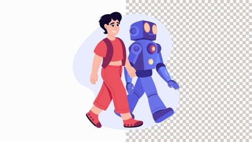 Person Walking With A Robot Companion Animation Alpha Channel