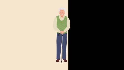 Animated Flat Design Senior Man Standing With Cane