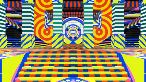 Pop-farbenes Treppendekoratives Bühnendekor, lebendiges, sich wiederholendes Muster, Music Circus Seameless Loop 2