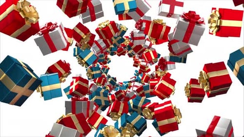 Animated Red and Blue Gift Boxes Flying Tunnel Background